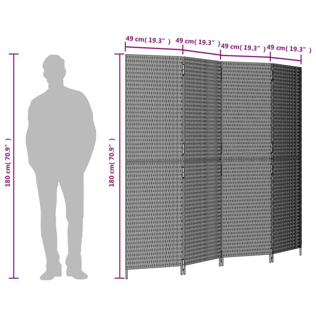 Kamerscherm 4 Panelen Poly Rattan Zwart 196 x 180 cm Dichtgeweven