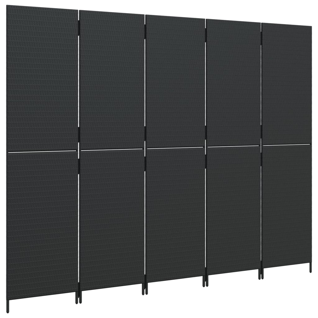 Kamerscherm 5 Panelen Poly Rattan Zwart 245 x 180 cm Dichtgeweven