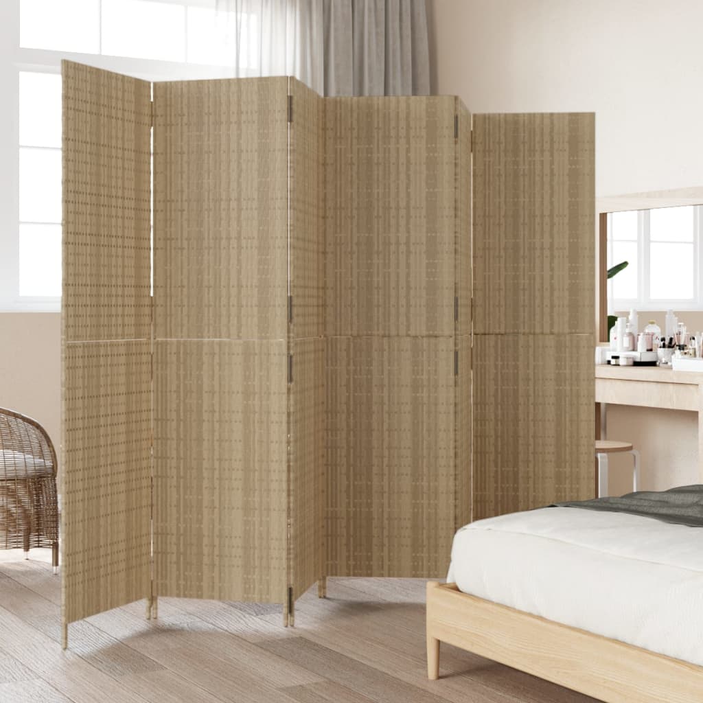 Kamerscherm 6 Panelen Poly Rattan Beige 294 x 180 cm Dichtgeweven