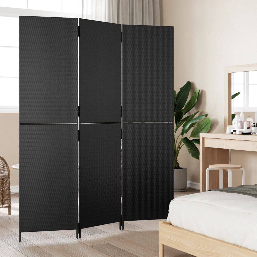 Kamerscherm 3 Panelen Poly Rattan Zwart 147 x 200 cm Dichtgeweven