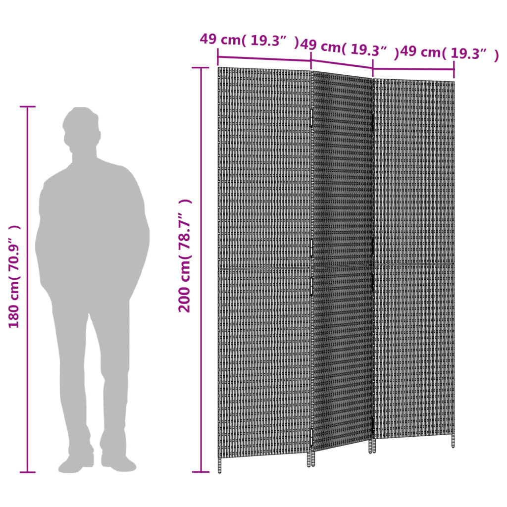 Kamerscherm 3 Panelen Poly Rattan Bruin 147 x 200 cm Dichtgeweven