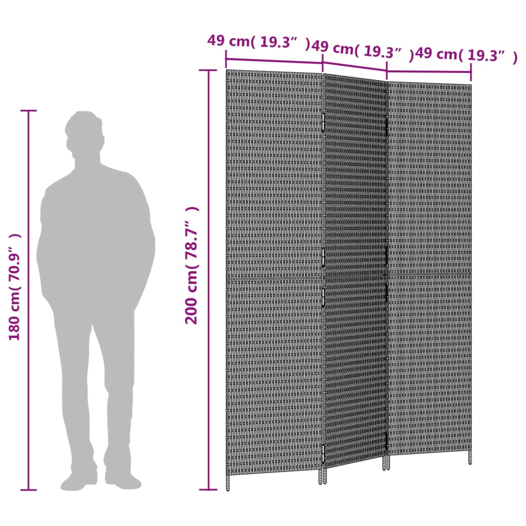 Kamerscherm 3 Panelen Poly Rattan Grijs 147 x 200 cm Dichtgeweven