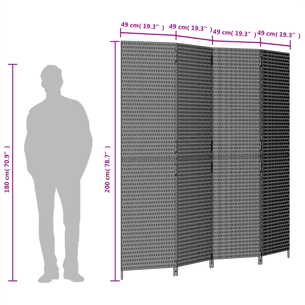 Kamerscherm 4 Panelen Poly Rattan Zwart 196 x 200 cm Dichtgeweven