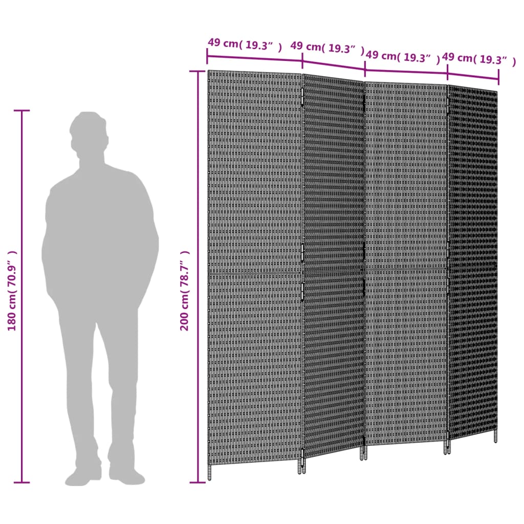 Kamerscherm 4 Panelen Poly Rattan Bruin 196 x 200 cm Dichtgeweven