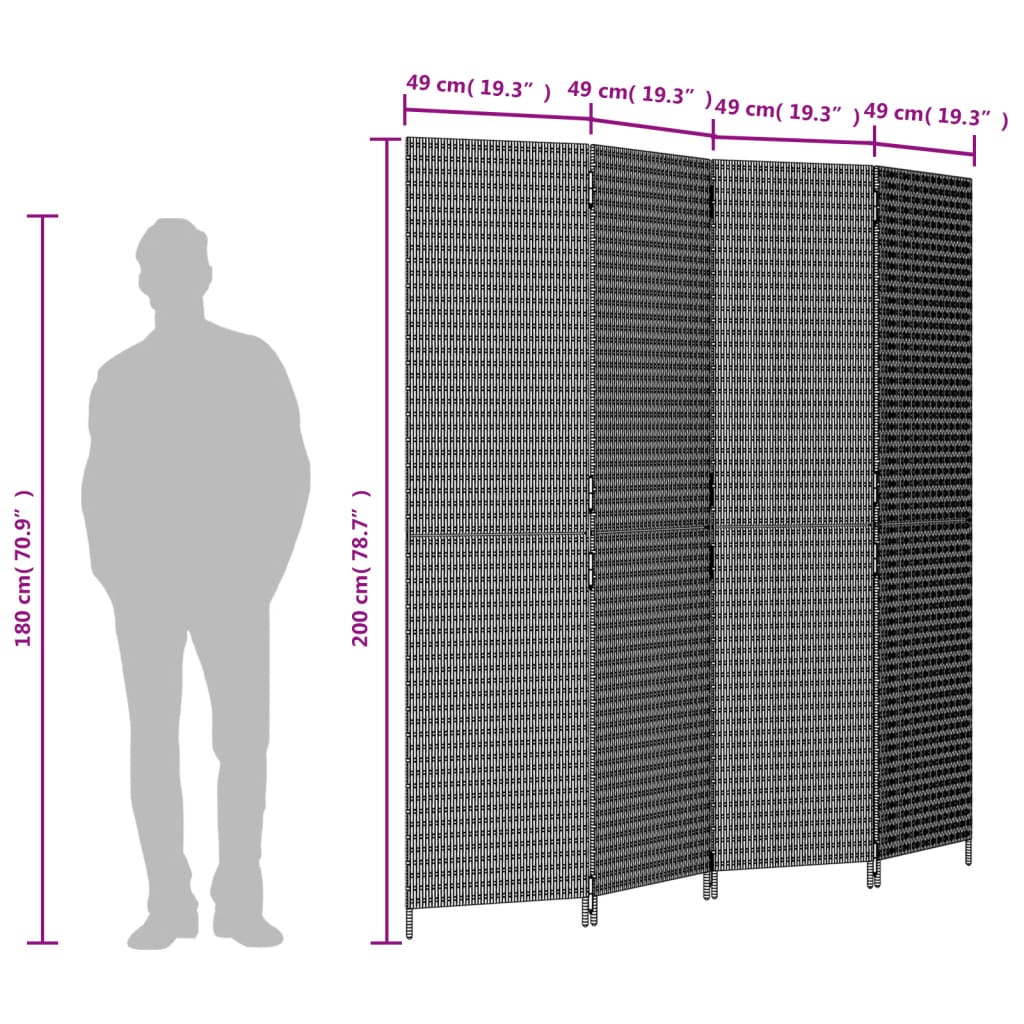 Kamerscherm 4 Panelen Poly Rattan Grijs 196 x 200 cm Dichtgeweven