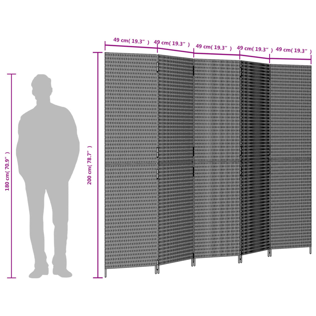 Kamerscherm 5 Panelen Poly Rattan Zwart 245 x 200 cm Dichtgeweven