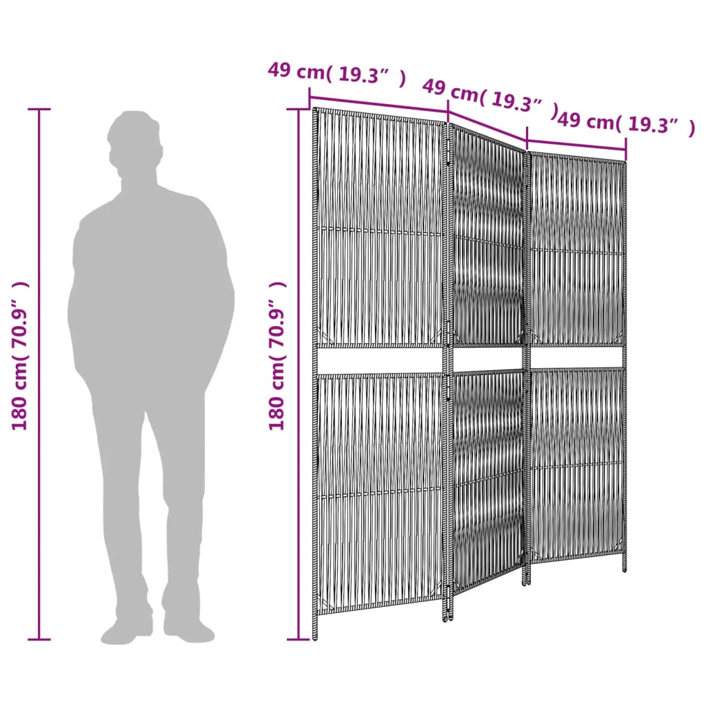 Kamerscherm 3 Panelen Poly Rattan Zwart 147 x 180 cm Lijngeweven