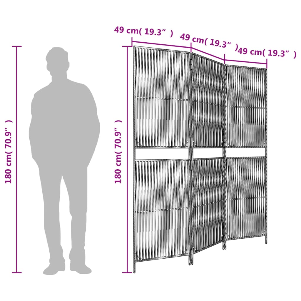 Kamerscherm 3 Panelen Poly Rattan Grijs 147 x 180 cm Lijngeweven