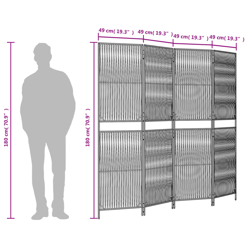 Kamerscherm 4 Panelen Poly Rattan Zwart 196 x 180 cm Lijngeweven