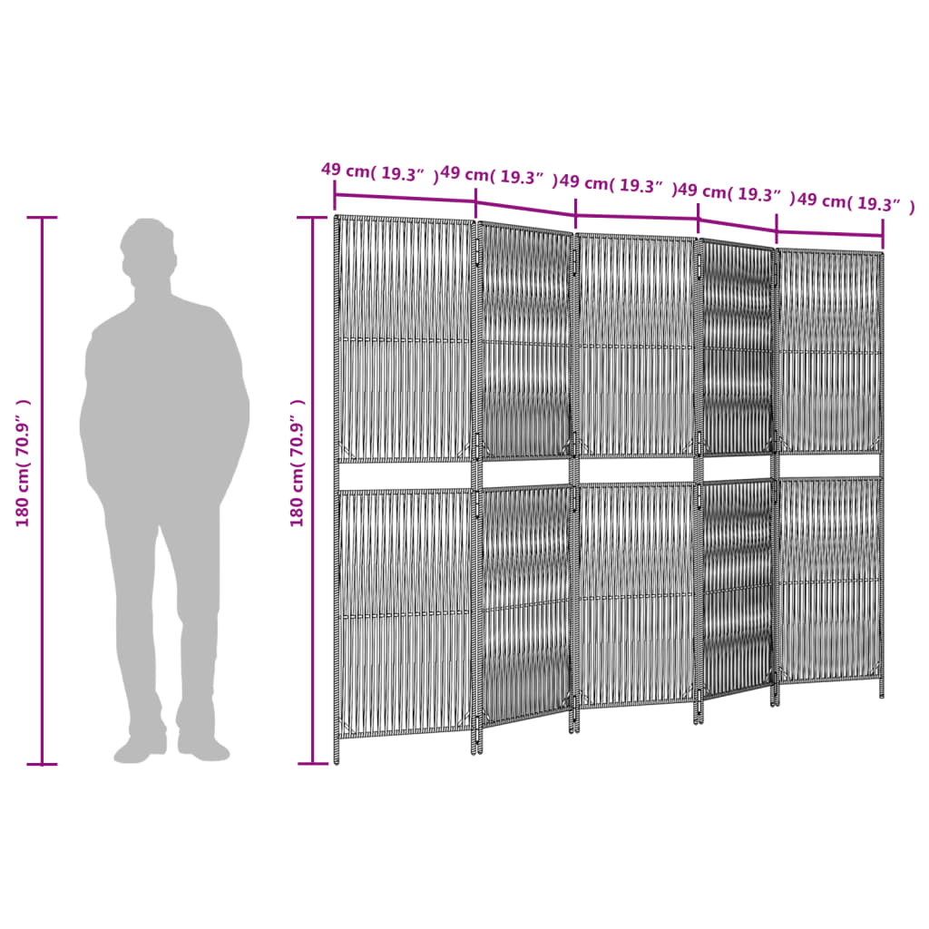 Kamerscherm 5 Panelen Poly Rattan Bruin 245 x 180 cm Lijngeweven