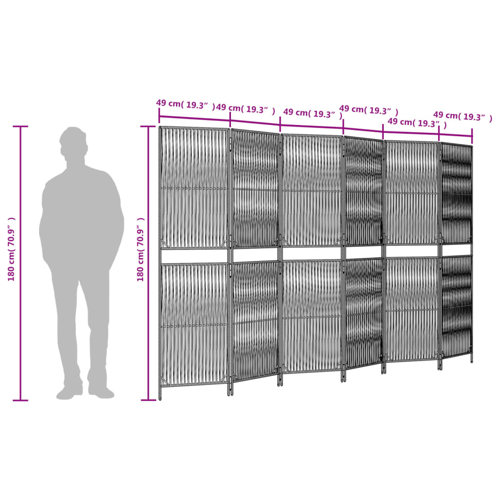 Kamerscherm 6 Panelen Poly Rattan Zwart 294 x 180 cm Lijngeweven