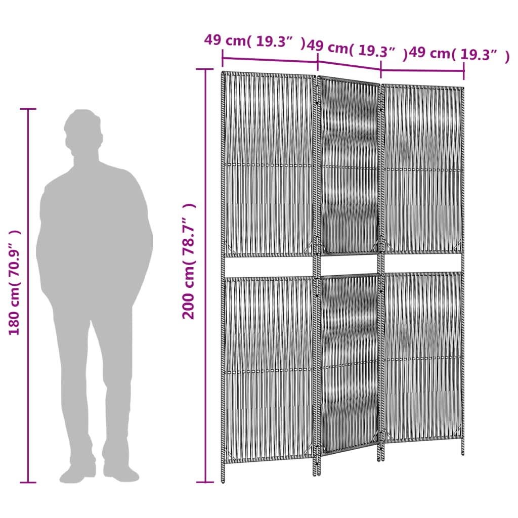 Kamerscherm 3 Panelen Poly Rattan Zwart 147 x 200 cm Lijngeweven