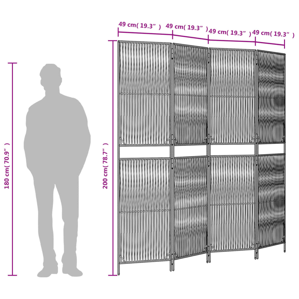 Kamerscherm 4 Panelen Poly Rattan Zwart 196 x 200 cm Lijngeweven