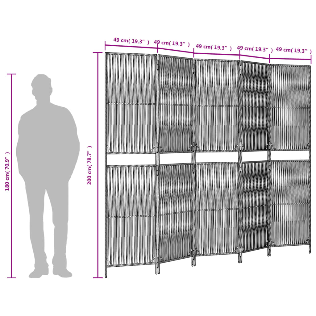 Kamerscherm 5 Panelen Poly Rattan Bruin 245 x 200 cm Lijngeweven