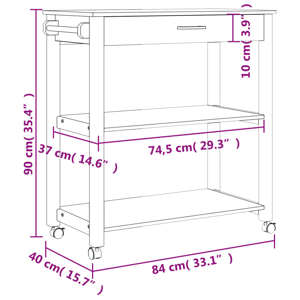 Keukentrolley MONZA 84x40x90 cm massief grenenhout