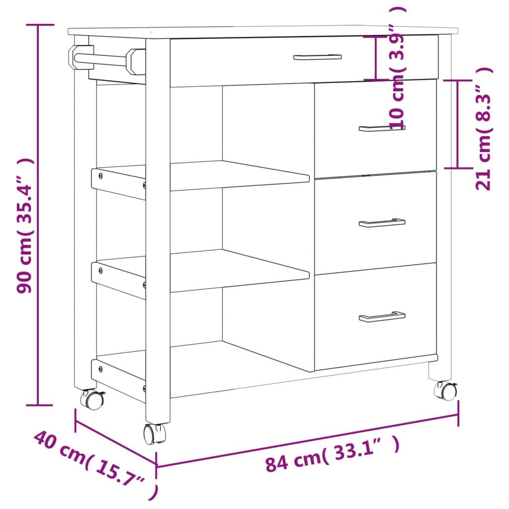 Keukentrolley Monza 84X40X90 Cm Massief Grenenhout Grijs