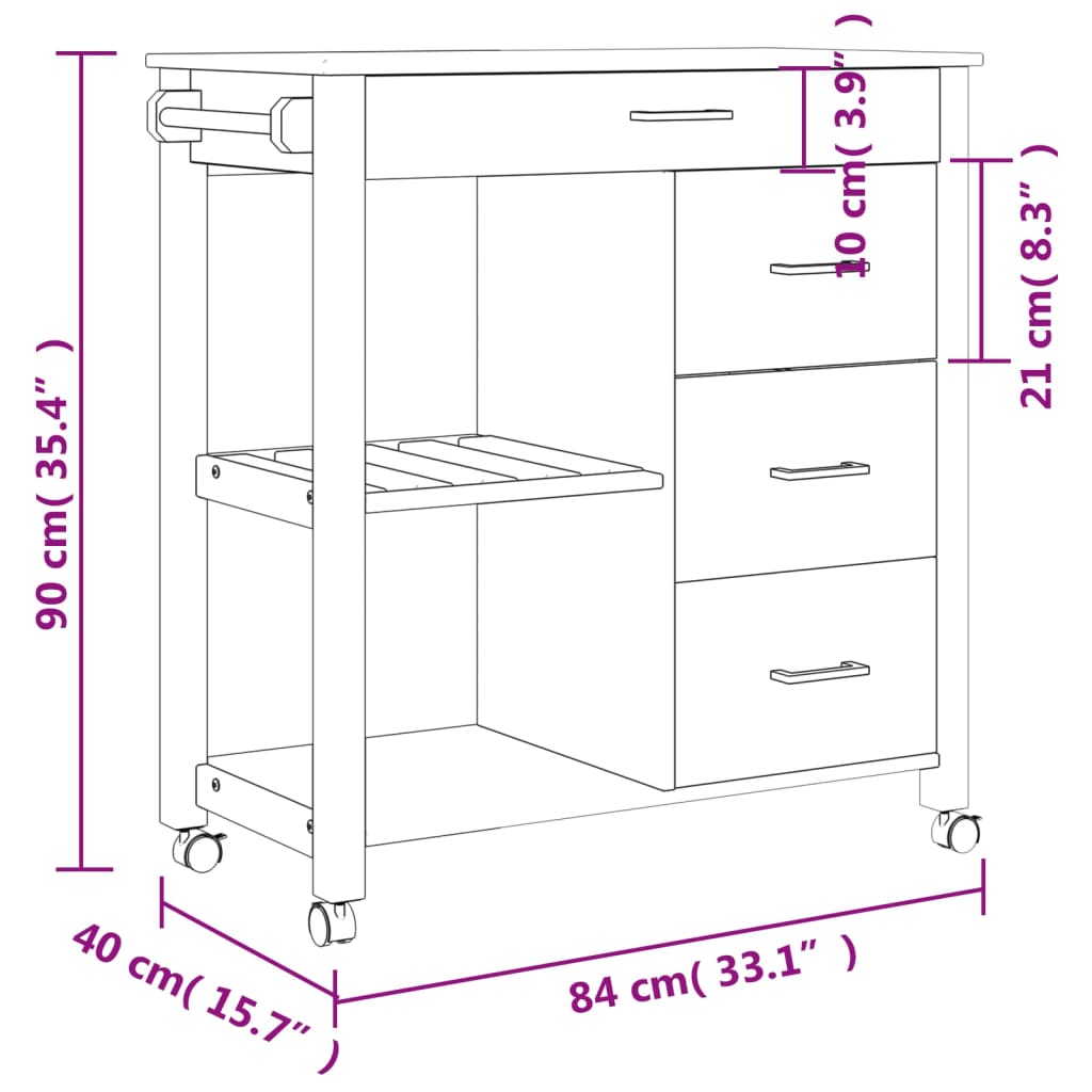 Keukentrolley Monza 84X40X90 Cm Massief Grenenhout Grijs