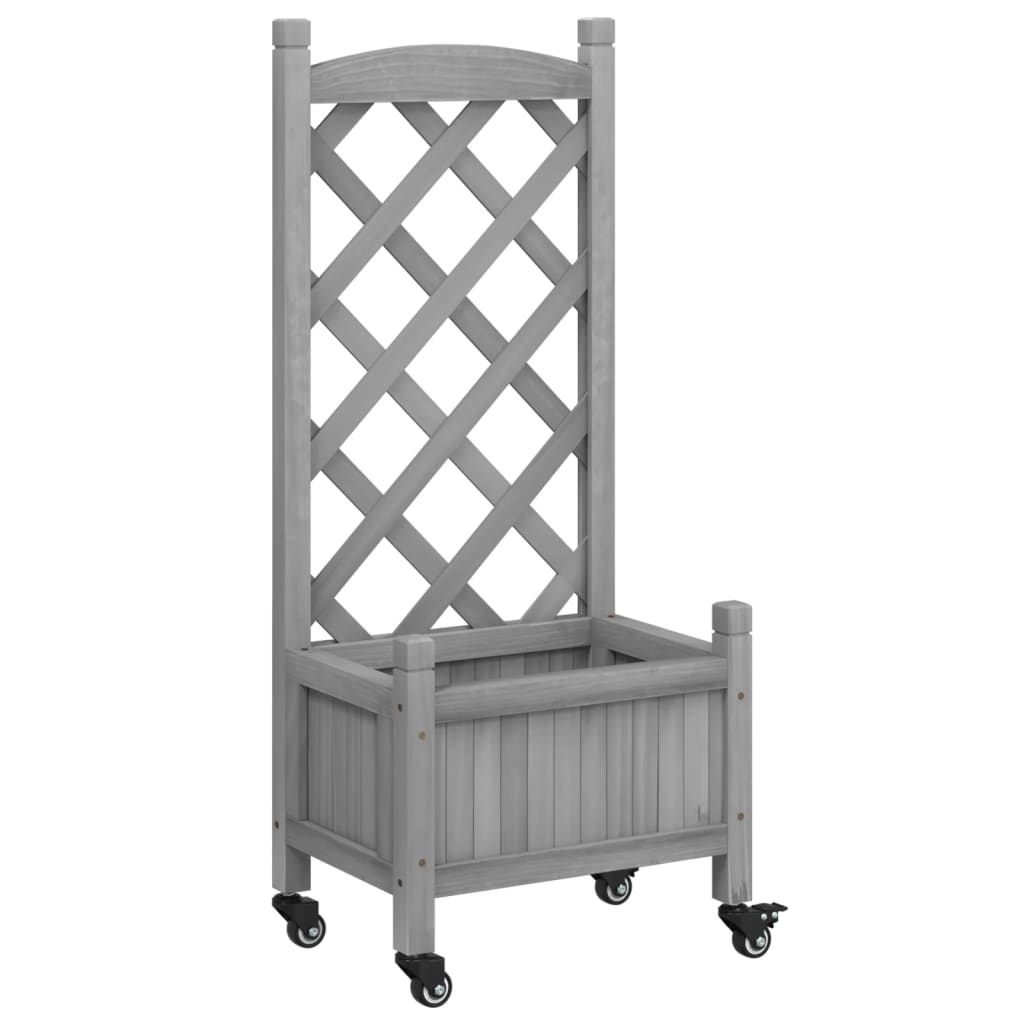 Plantenbak Met Latwerk En Wielen Massief Vurenhout Grijs 40 x 30 x 97.5 cm with trellis & wheels