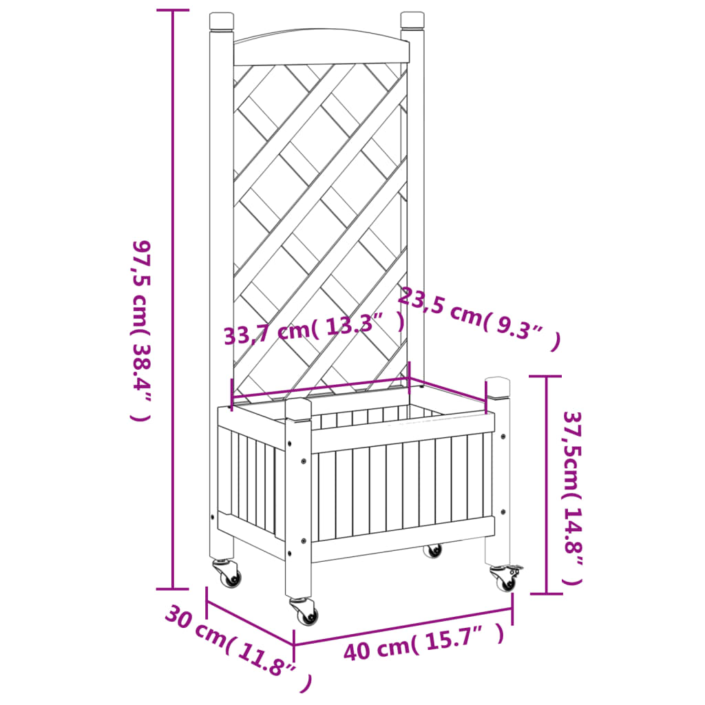 Plantenbak Met Latwerk En Wielen Massief Vurenhout Grijs 40 x 30 x 97.5 cm with trellis & wheels