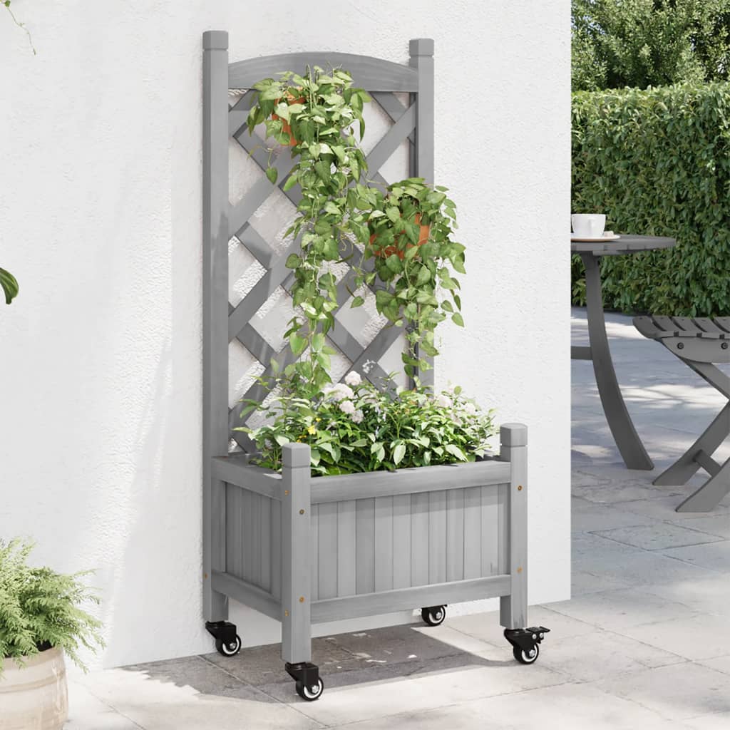 Plantenbak Met Latwerk En Wielen Massief Vurenhout Grijs 40 x 30 x 97.5 cm with trellis & wheels