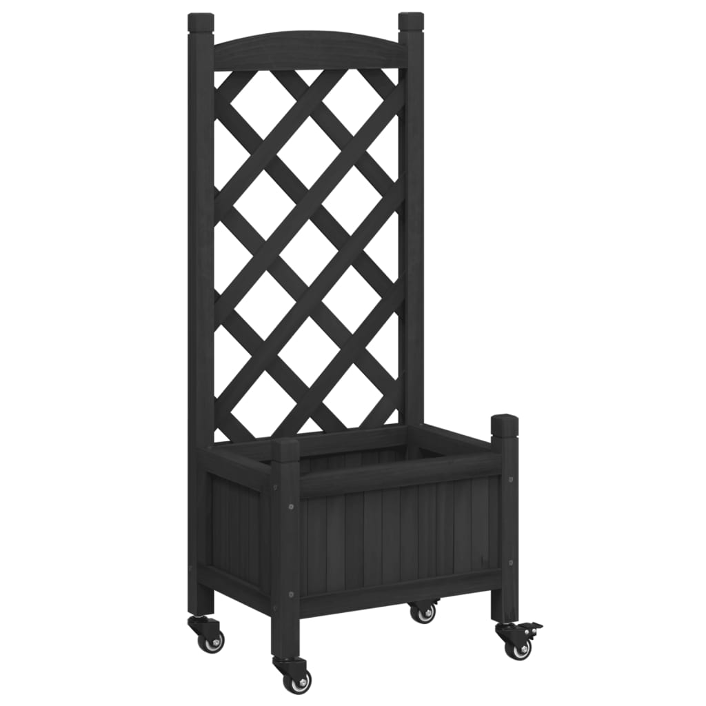 Plantenbak Met Latwerk En Wielen Massief Vurenhout Zwart 40 x 30 x 97.5 cm 1 with trellis & wheels