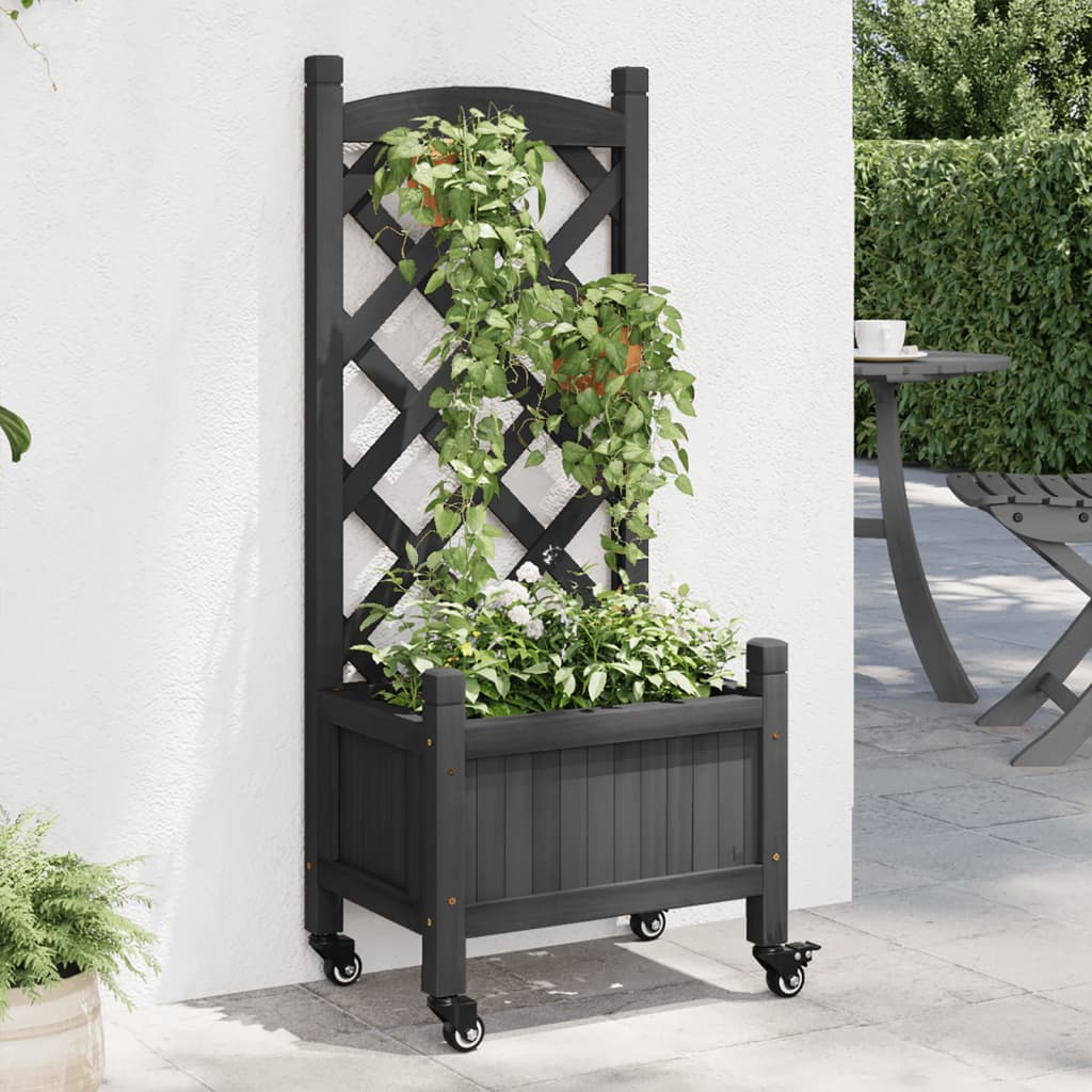 Plantenbak Met Latwerk En Wielen Massief Vurenhout Zwart 40 x 30 x 97.5 cm 1 with trellis & wheels