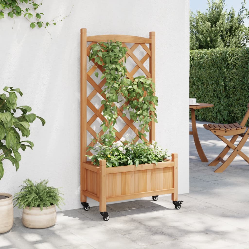 Plantenbak Met Latwerk En Wielen Massief Vurenhout Bruin 55 x 29.5 x 117.5 cm with trellis & wheels