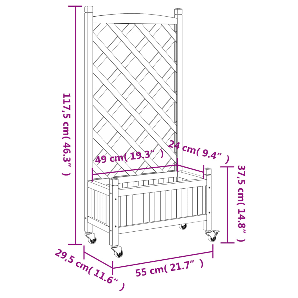 Plantenbak Met Latwerk En Wielen Massief Vurenhout Bruin 55 x 29.5 x 117.5 cm with trellis & wheels