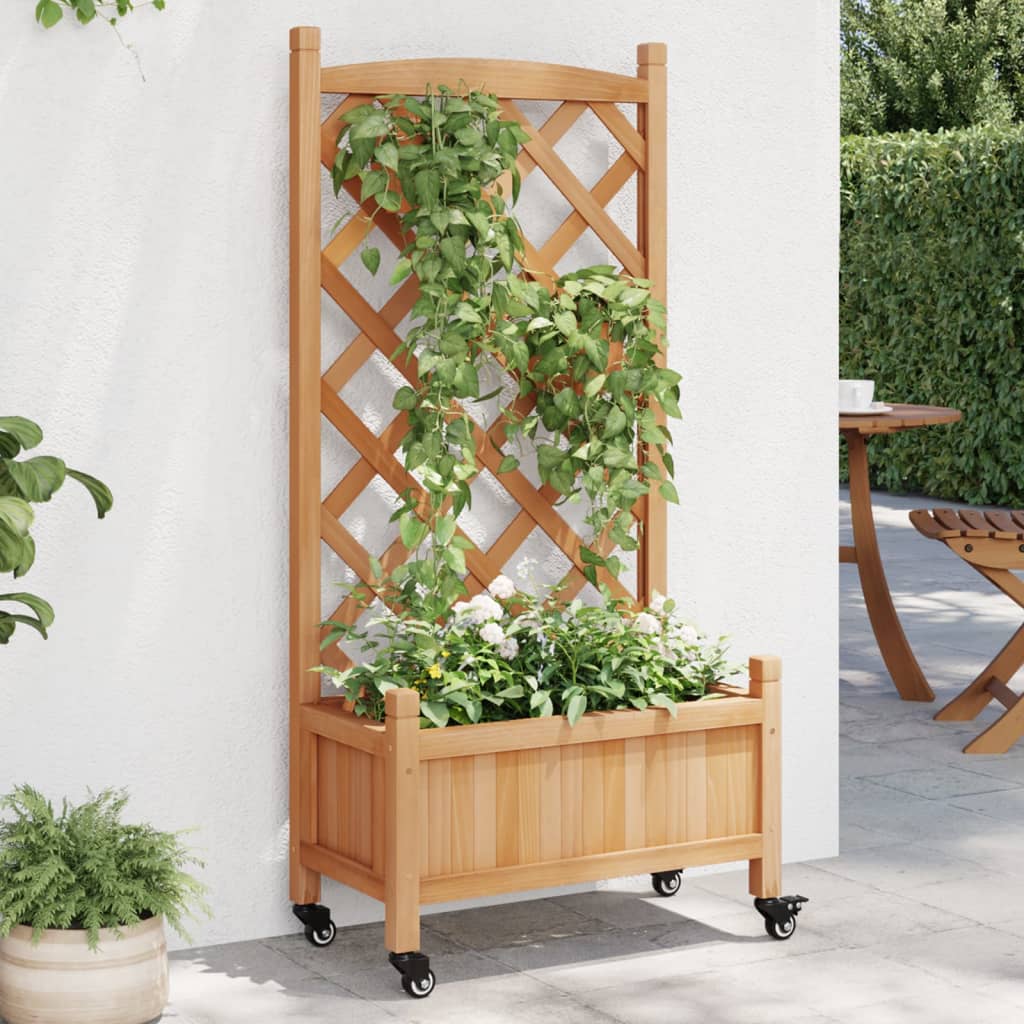 Plantenbak Met Latwerk En Wielen Massief Vurenhout Bruin 55 x 29.5 x 117.5 cm with trellis & wheels