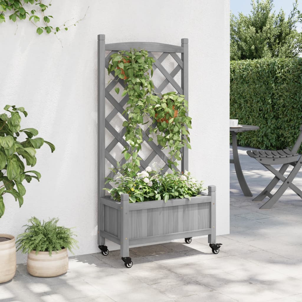 Plantenbak Met Latwerk En Wielen Massief Vurenhout Grijs 55 x 29.5 x 117.5 cm 1 with trellis & wheels