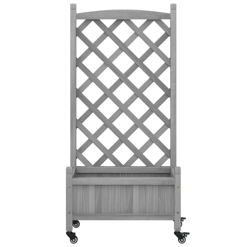 Plantenbak Met Latwerk En Wielen Massief Vurenhout Grijs 55 x 29.5 x 117.5 cm 1 with trellis & wheels