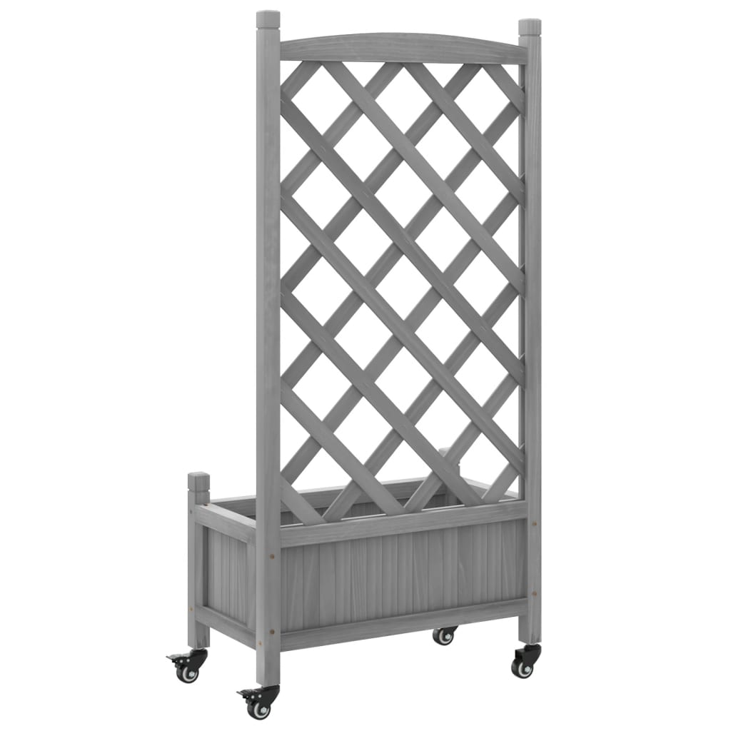 Plantenbak Met Latwerk En Wielen Massief Vurenhout Grijs 55 x 29.5 x 117.5 cm 1 with trellis & wheels