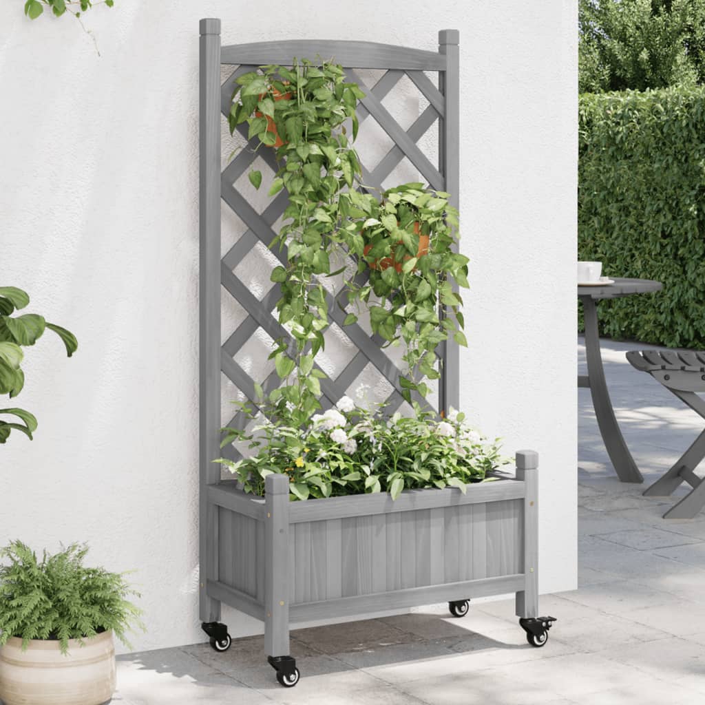 Plantenbak Met Latwerk En Wielen Massief Vurenhout Grijs 55 x 29.5 x 117.5 cm 1 with trellis & wheels