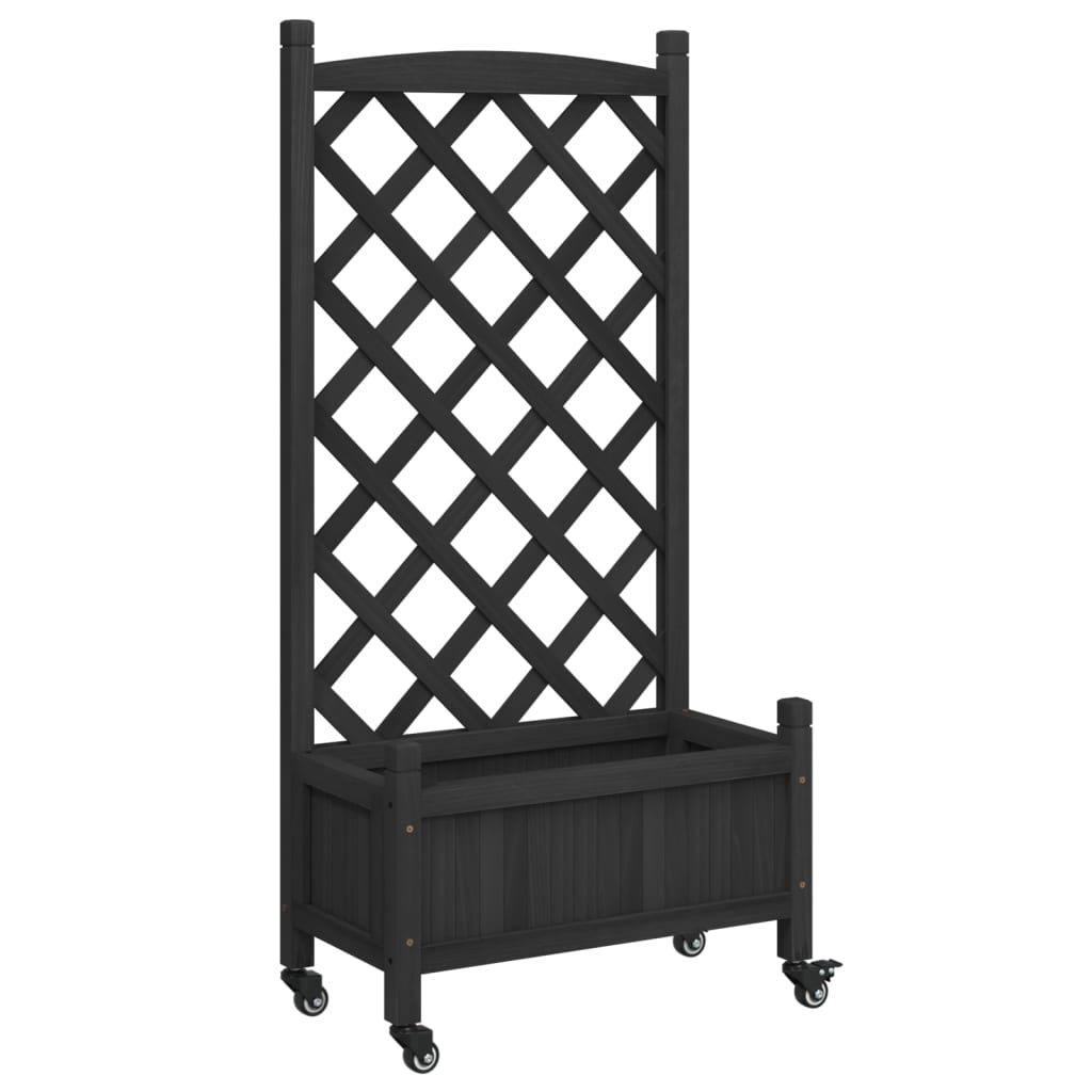 Plantenbak Met Latwerk En Wielen Massief Vurenhout Zwart 55 x 29.5 x 117.5 cm with trellis & wheels