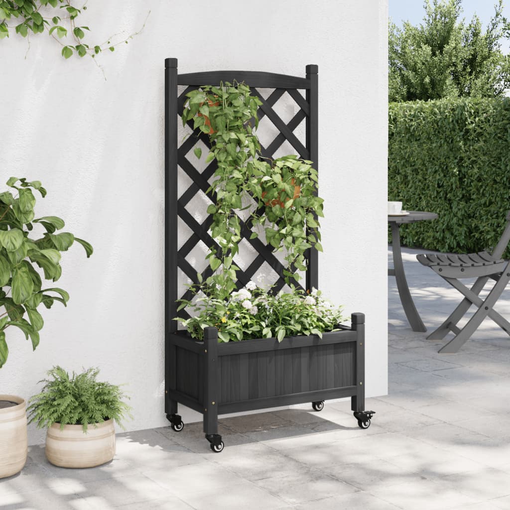 Plantenbak Met Latwerk En Wielen Massief Vurenhout Zwart 55 x 29.5 x 117.5 cm with trellis & wheels