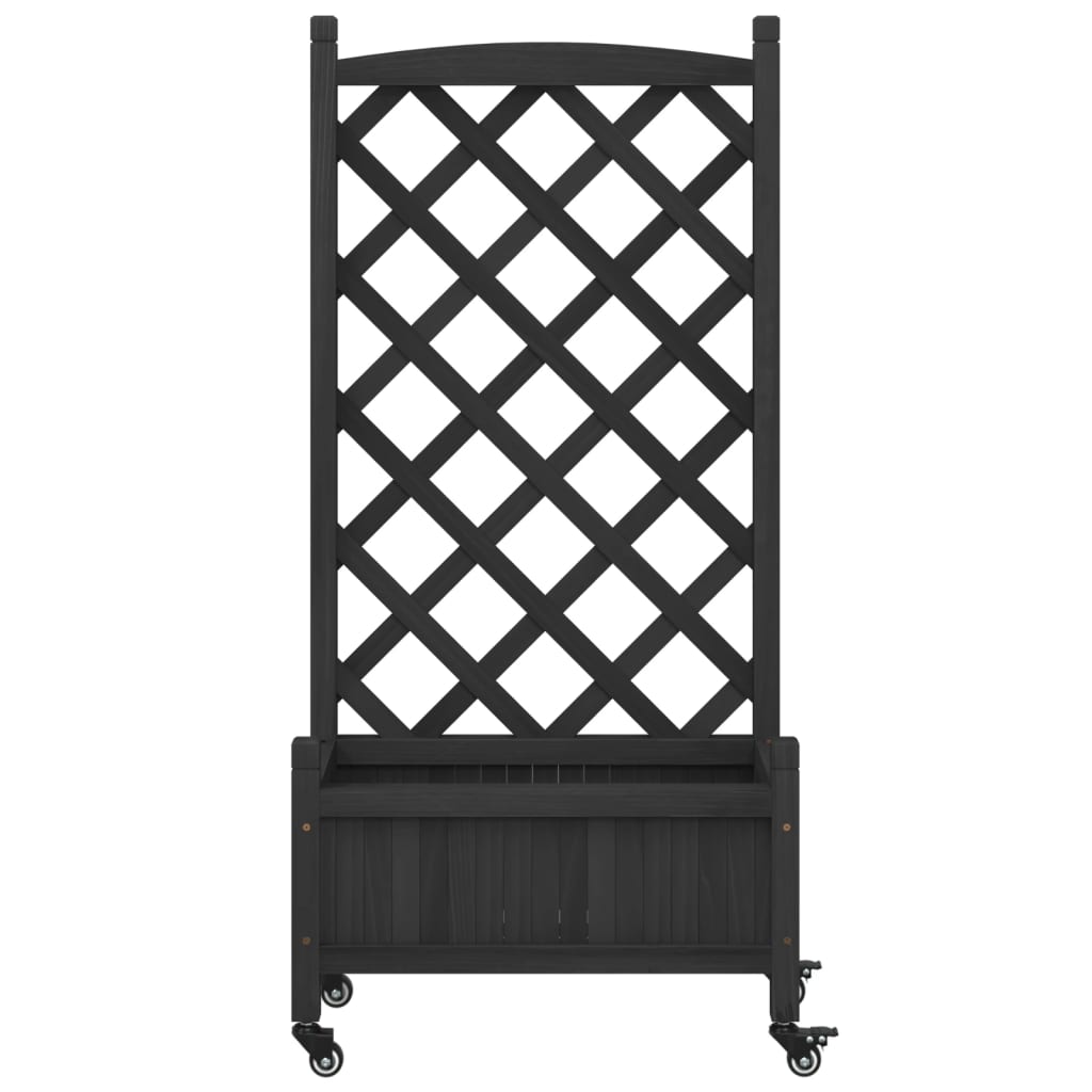 Plantenbak Met Latwerk En Wielen Massief Vurenhout Zwart 55 x 29.5 x 117.5 cm with trellis & wheels