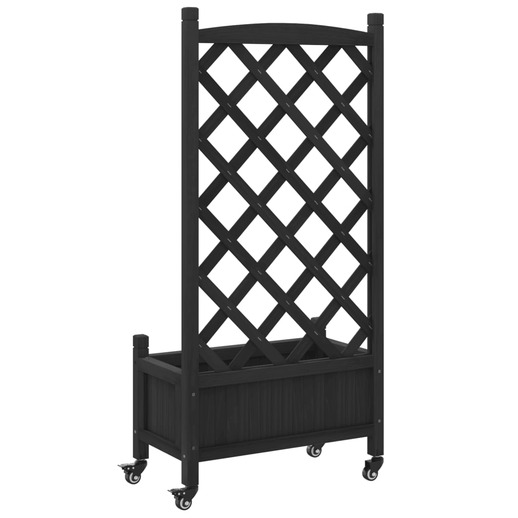 Plantenbak Met Latwerk En Wielen Massief Vurenhout Zwart 55 x 29.5 x 117.5 cm with trellis & wheels