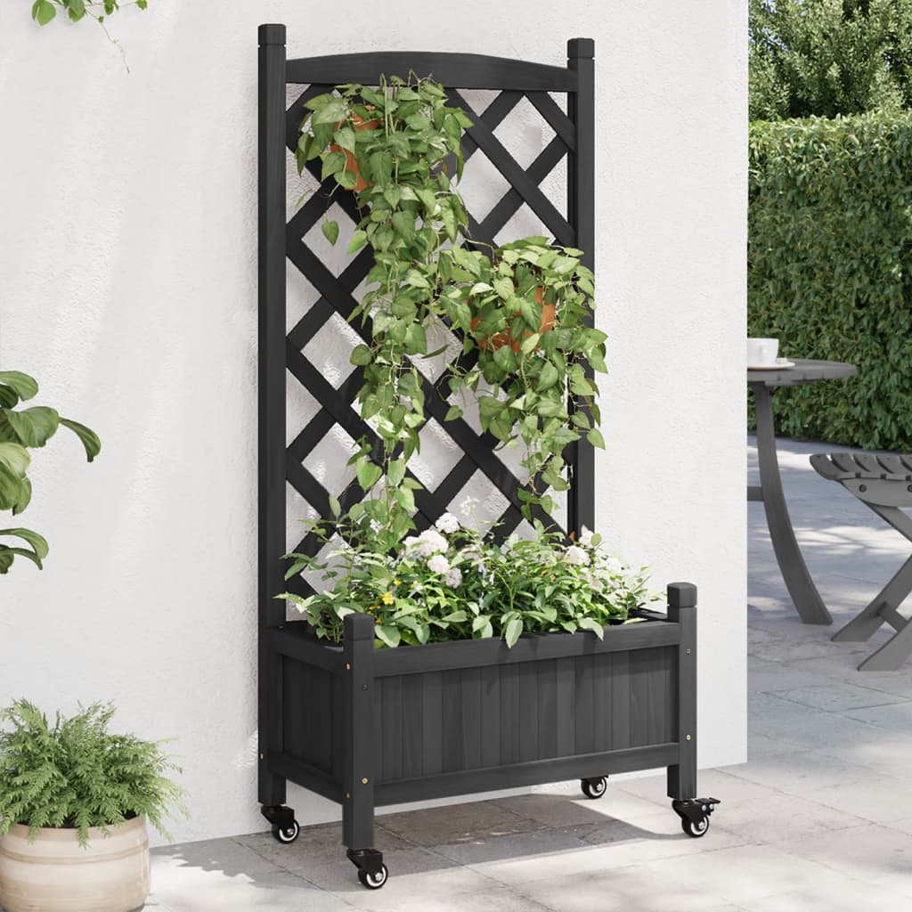 Plantenbak Met Latwerk En Wielen Massief Vurenhout Zwart 55 x 29.5 x 117.5 cm with trellis & wheels