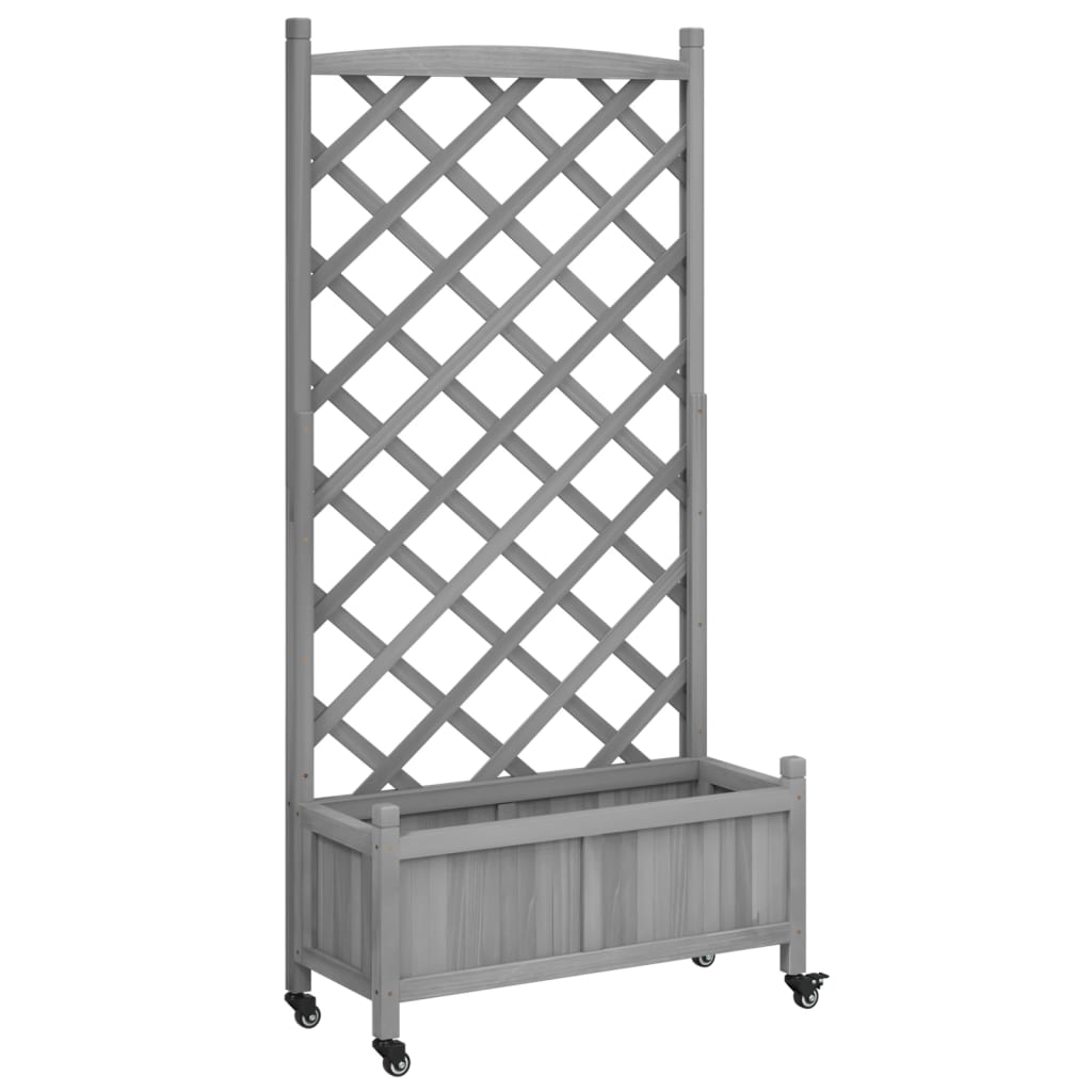 Plantenbak Met Latwerk En Wielen Massief Vurenhout Grijs 75 x 35 x 157.5 cm with trellis & wheels