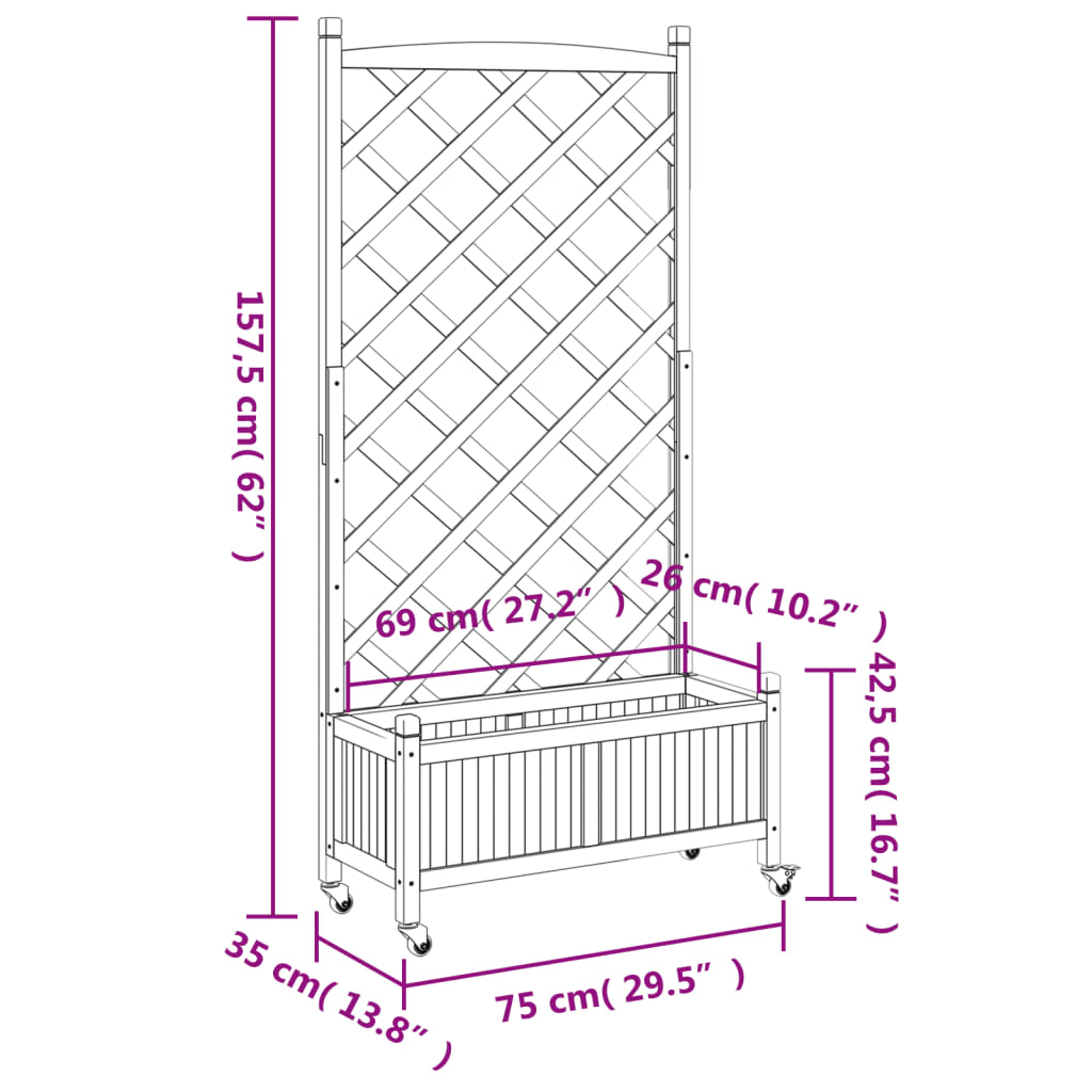 Plantenbak Met Latwerk En Wielen Massief Vurenhout Grijs 75 x 35 x 157.5 cm with trellis & wheels