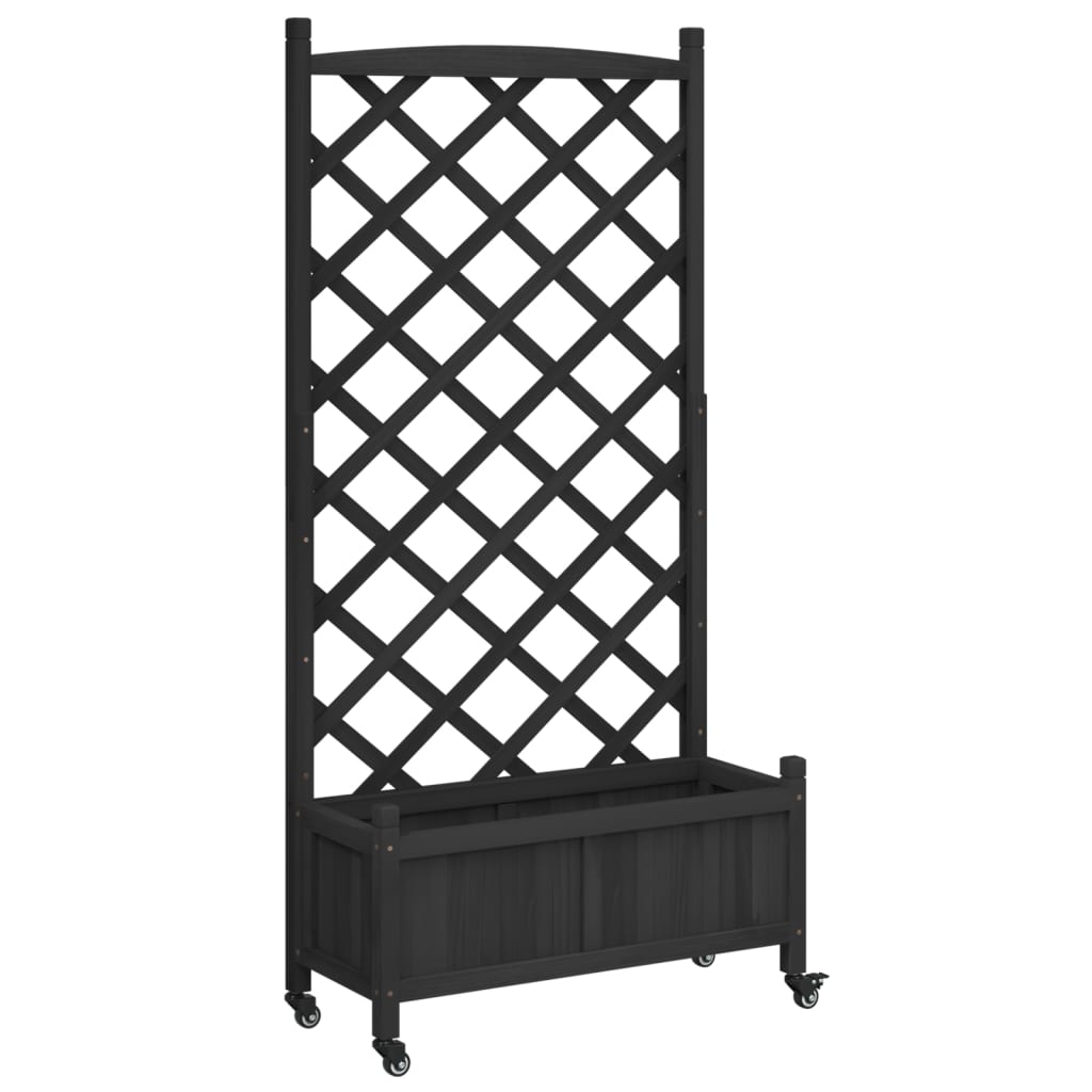 Plantenbak Met Latwerk En Wielen Massief Vurenhout Zwart 75 x 35 x 157.5 cm 1 with trellis & wheels