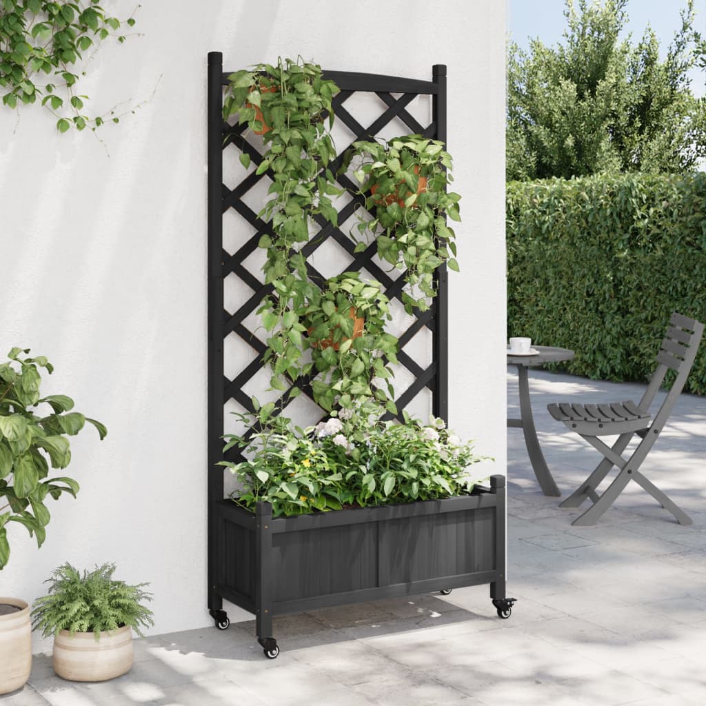 Plantenbak Met Latwerk En Wielen Massief Vurenhout Zwart 75 x 35 x 157.5 cm 1 with trellis & wheels