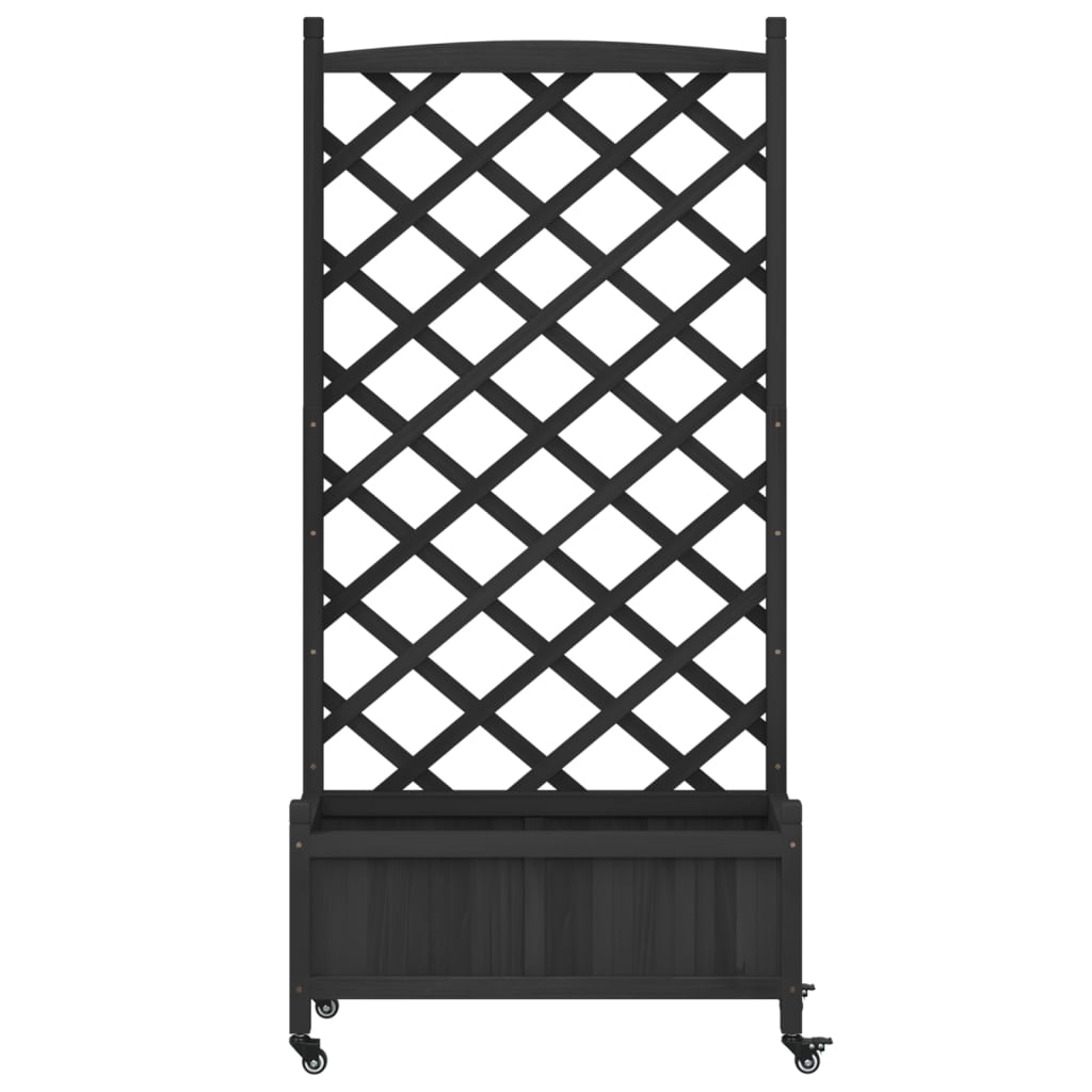 Plantenbak Met Latwerk En Wielen Massief Vurenhout Zwart 75 x 35 x 157.5 cm 1 with trellis & wheels