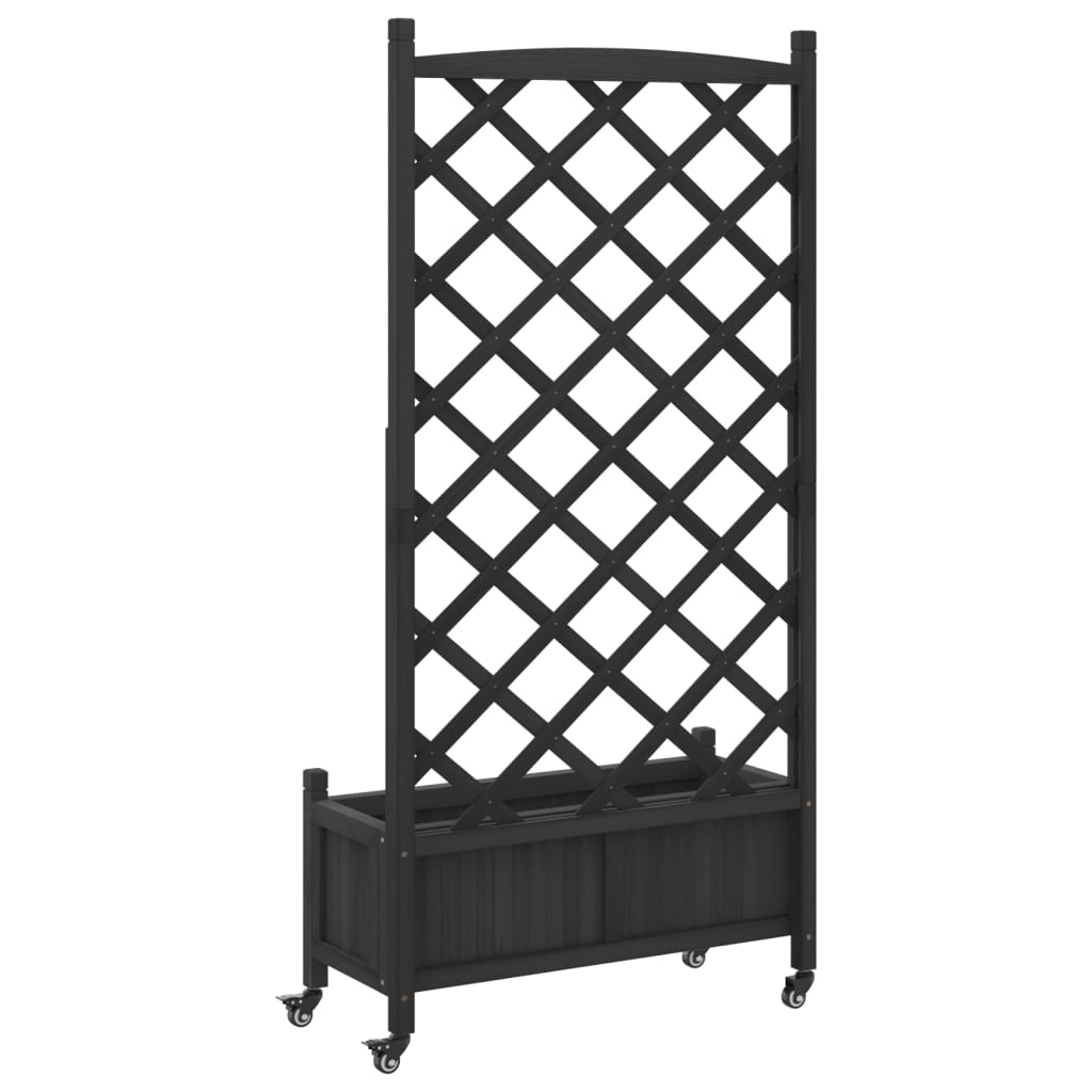 Plantenbak Met Latwerk En Wielen Massief Vurenhout Zwart 75 x 35 x 157.5 cm 1 with trellis & wheels