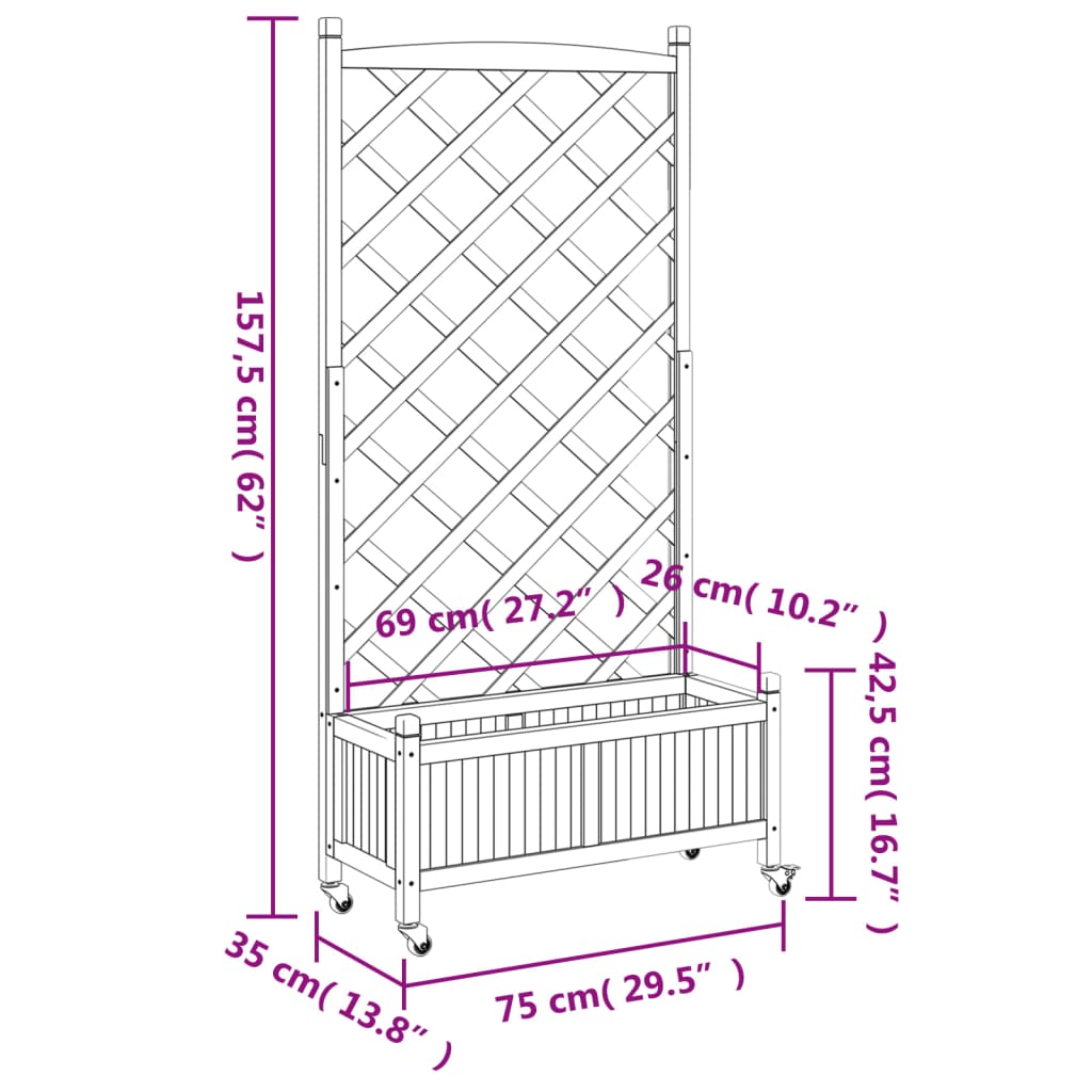 Plantenbak Met Latwerk En Wielen Massief Vurenhout Zwart 75 x 35 x 157.5 cm 1 with trellis & wheels