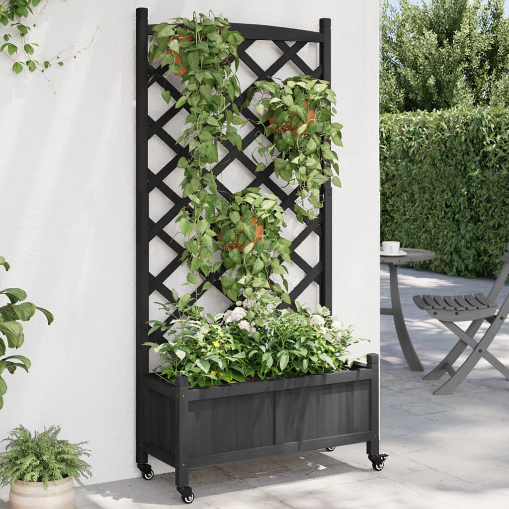 Plantenbak Met Latwerk En Wielen Massief Vurenhout Zwart 75 x 35 x 157.5 cm 1 with trellis & wheels