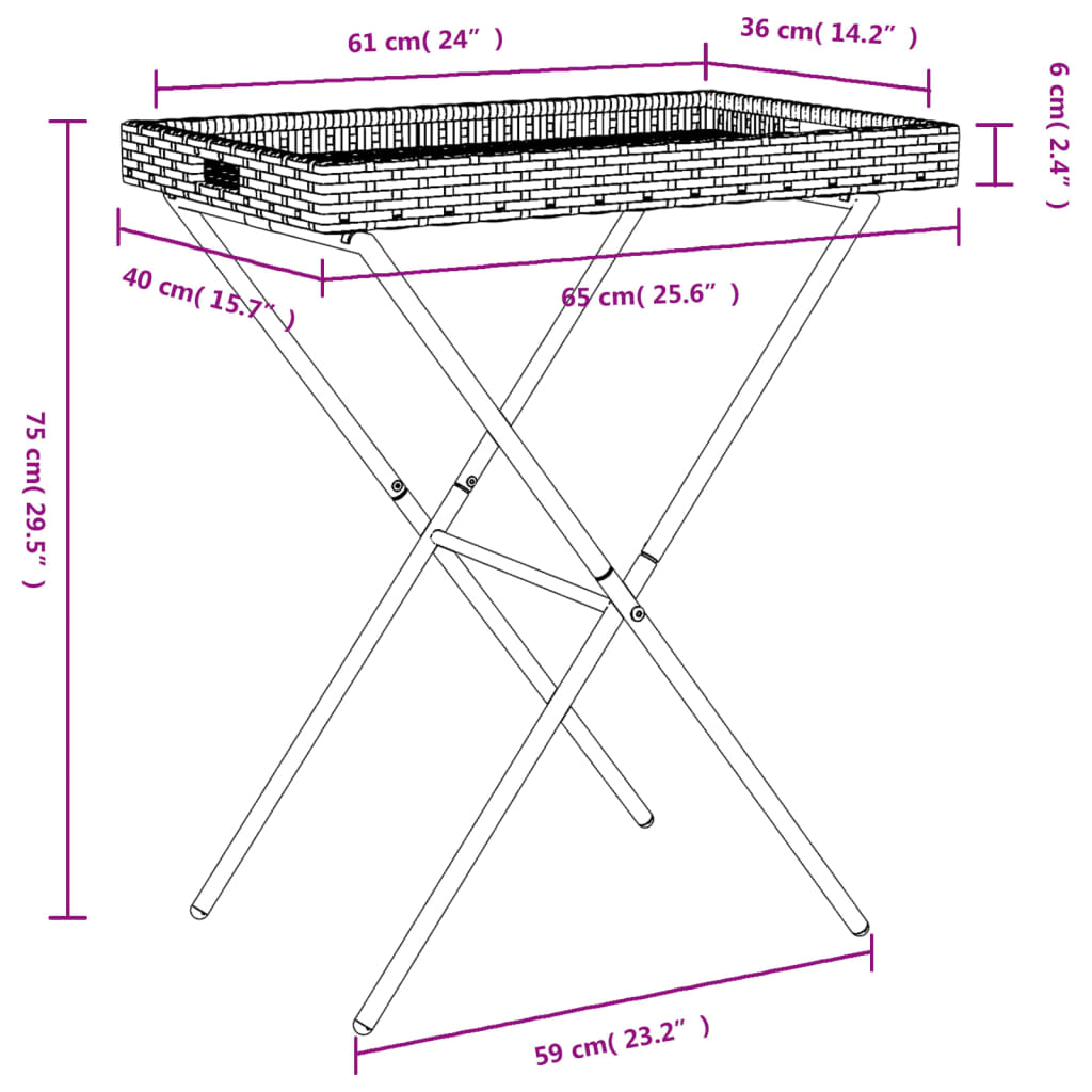 Dienbladtafel inklapbaar 65x40x75 cm poly rattan beige