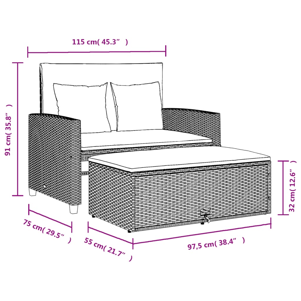 Tuinbank 2-zits met kussens poly rattan bruin