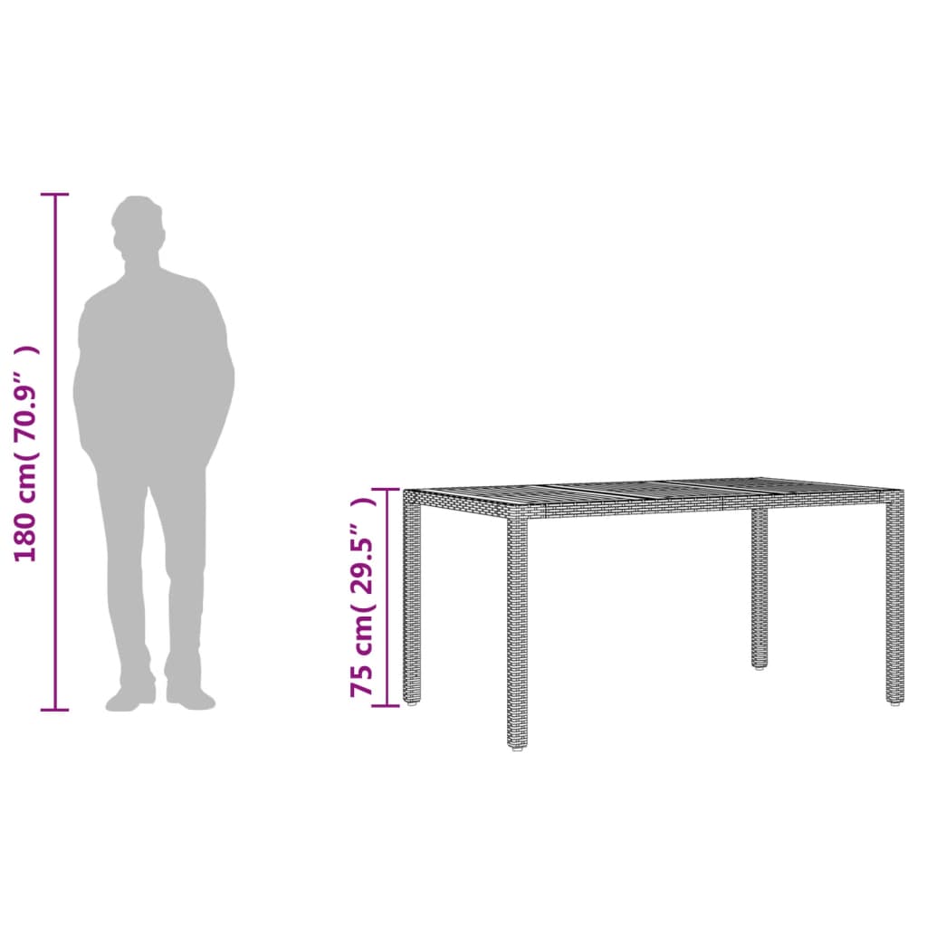 Tuintafel met acaciahouten blad 150x90x75 cm poly rattan zwart