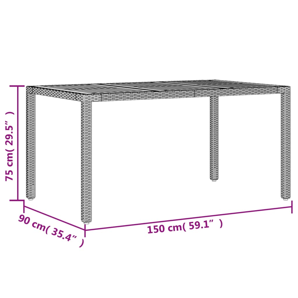 Tuintafel met acaciahouten blad 150x90x75 cm poly rattan zwart